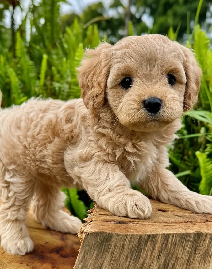 A Toy Cavoodle puppy resting in a warm home setting
